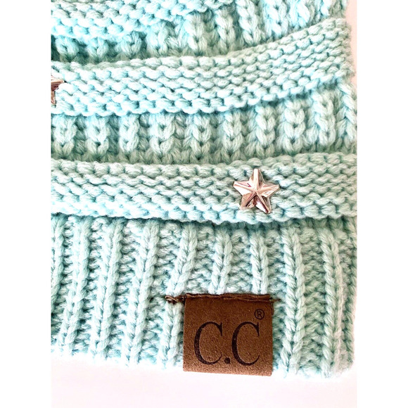 New Adult Size CC Winter Mint Green Preppy Cable Knit Hat Beanie w/ Stars & Dots - Picture 4 of 6